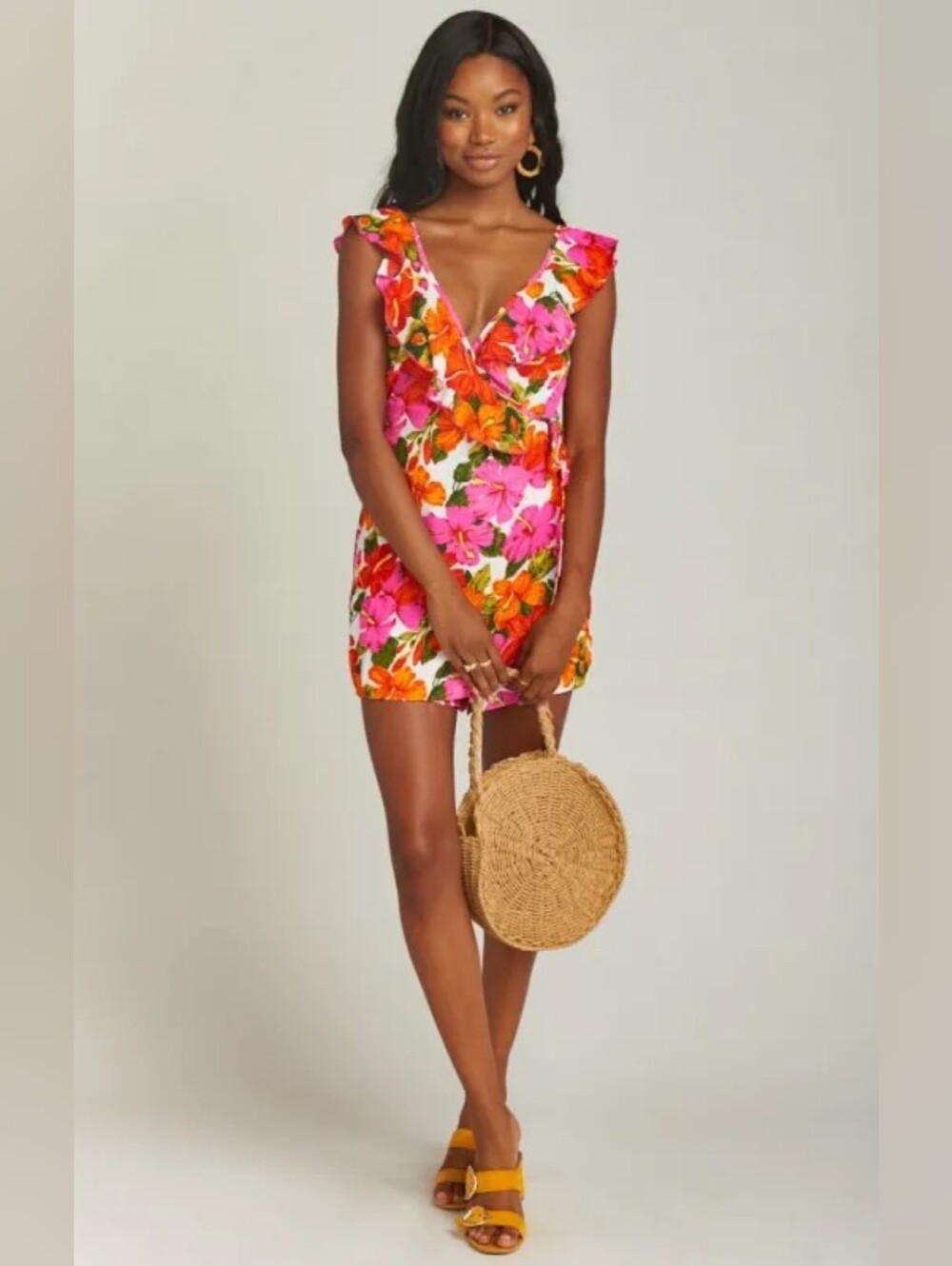 Show Me Your Mumu Raquelle Romper Floral Bold Tropical Print Ruffle Trim Small
